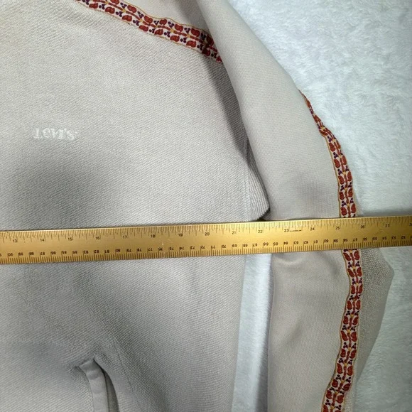 Levis Beige Embroidered Trim Hoodie Pullover Casual Fleece Lined Sweatshirt Sz S - Picture 6 of 8